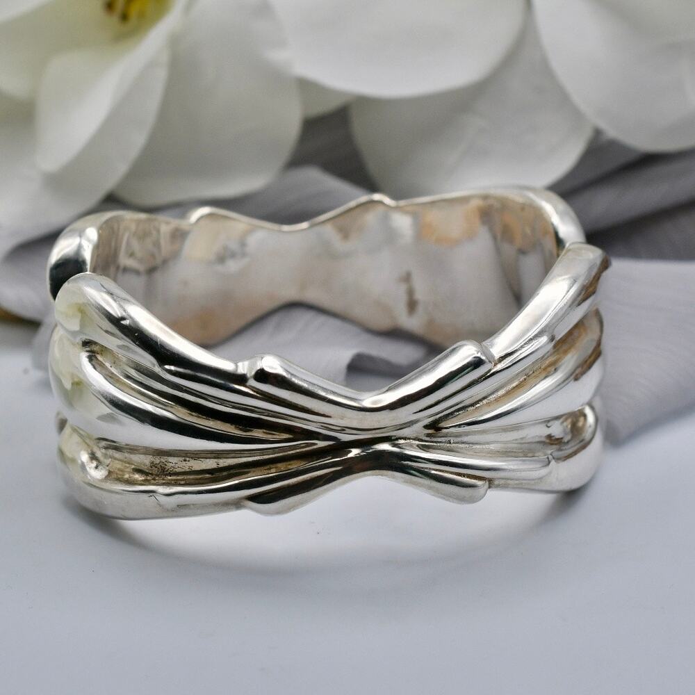 Signed ZIV Israel 41.7g Sterling Silver 925 Solid Liquid Wave Statement Bangle